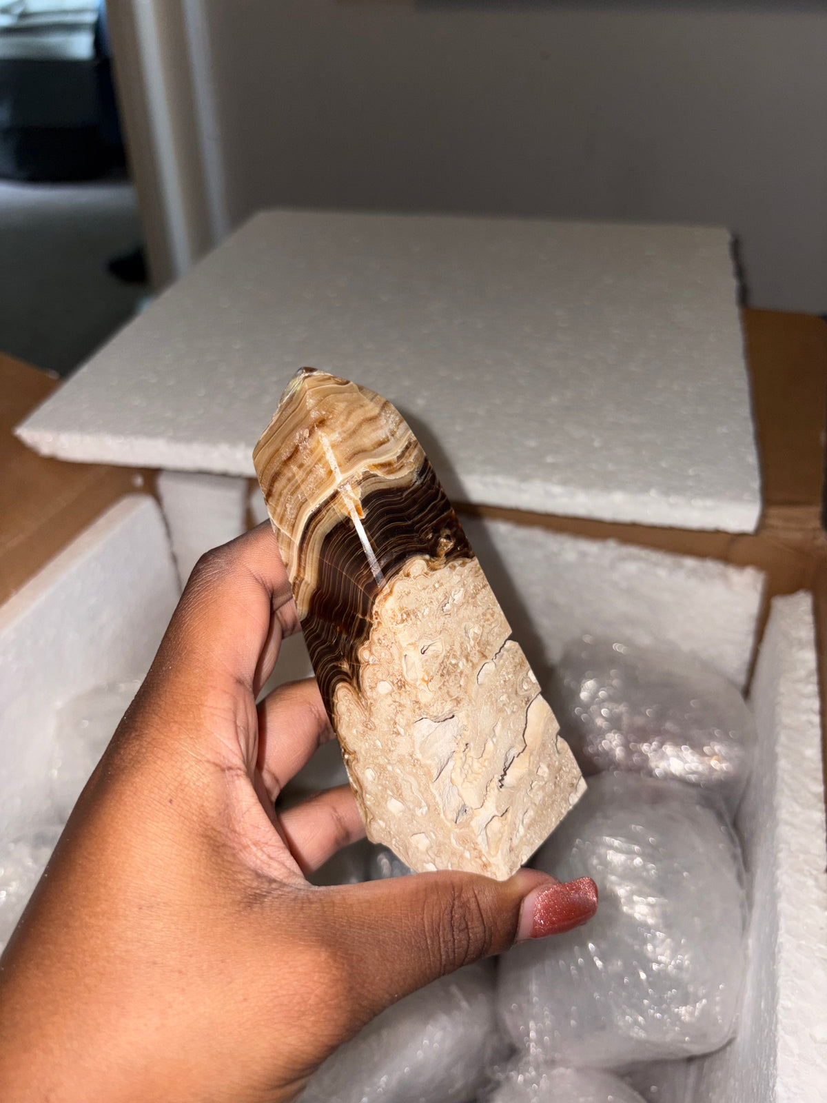 Chocolate Onyx / Brown Onyx Calcite Tower with Raw Matrix base